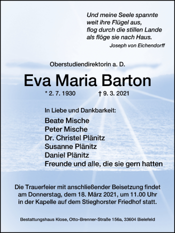 Traueranzeige von Eva Maria Barton von Westfalen-Blatt