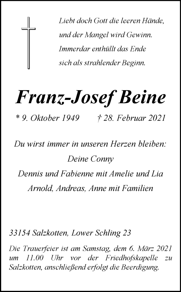 Traueranzeige für Franz-Josef Beine vom 03.03.2021 aus Westfalen-Blatt
