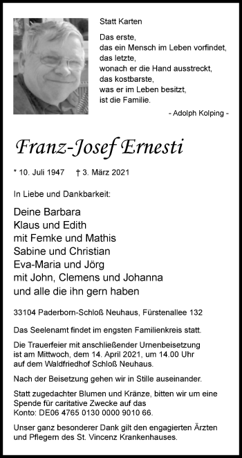 Traueranzeige von Franz Josef Ernesti von Westfalen-Blatt