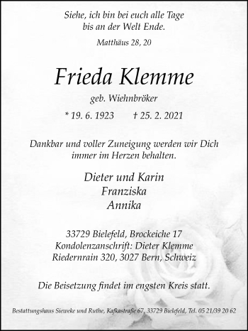 Traueranzeige von Frieda Klemme von Westfalen-Blatt