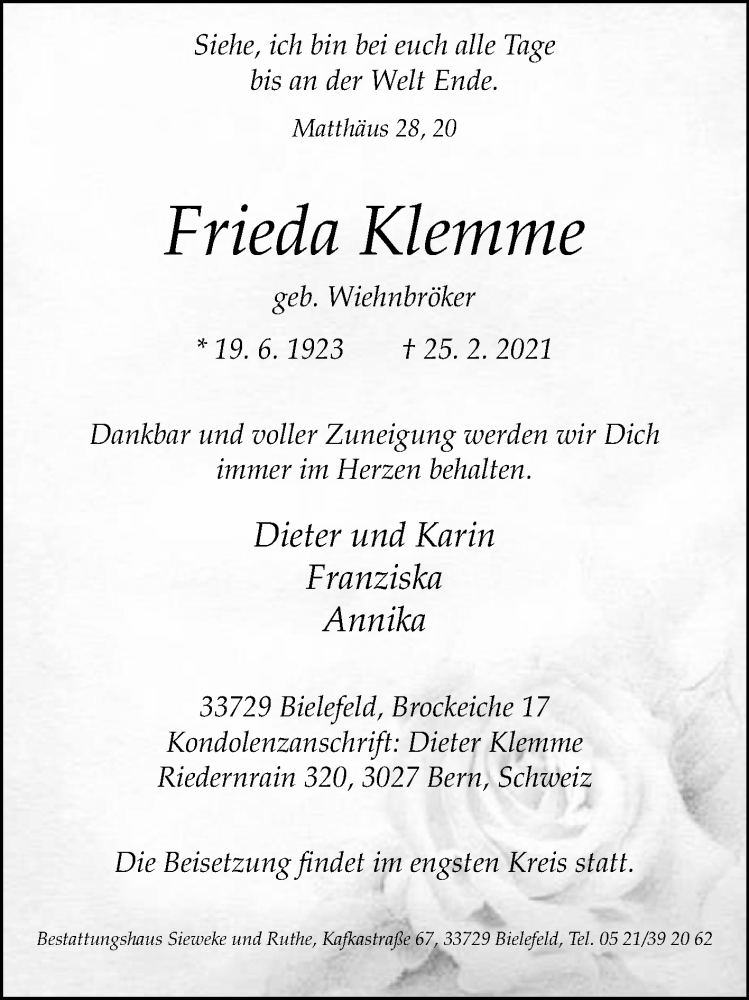  Traueranzeige für Frieda Klemme vom 03.03.2021 aus Westfalen-Blatt