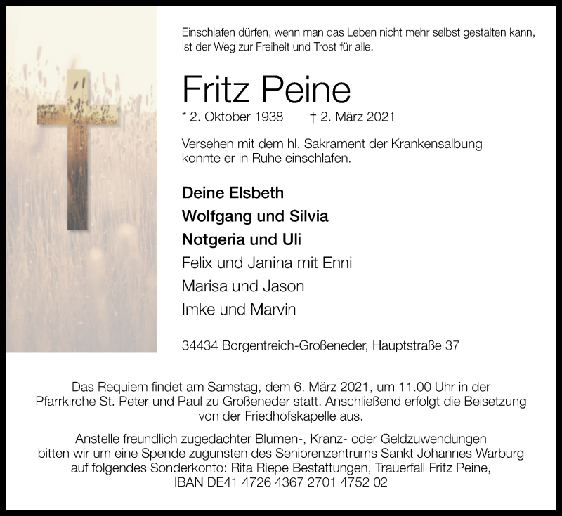  Traueranzeige für Fritz Peine vom 05.03.2021 aus Westfalen-Blatt
