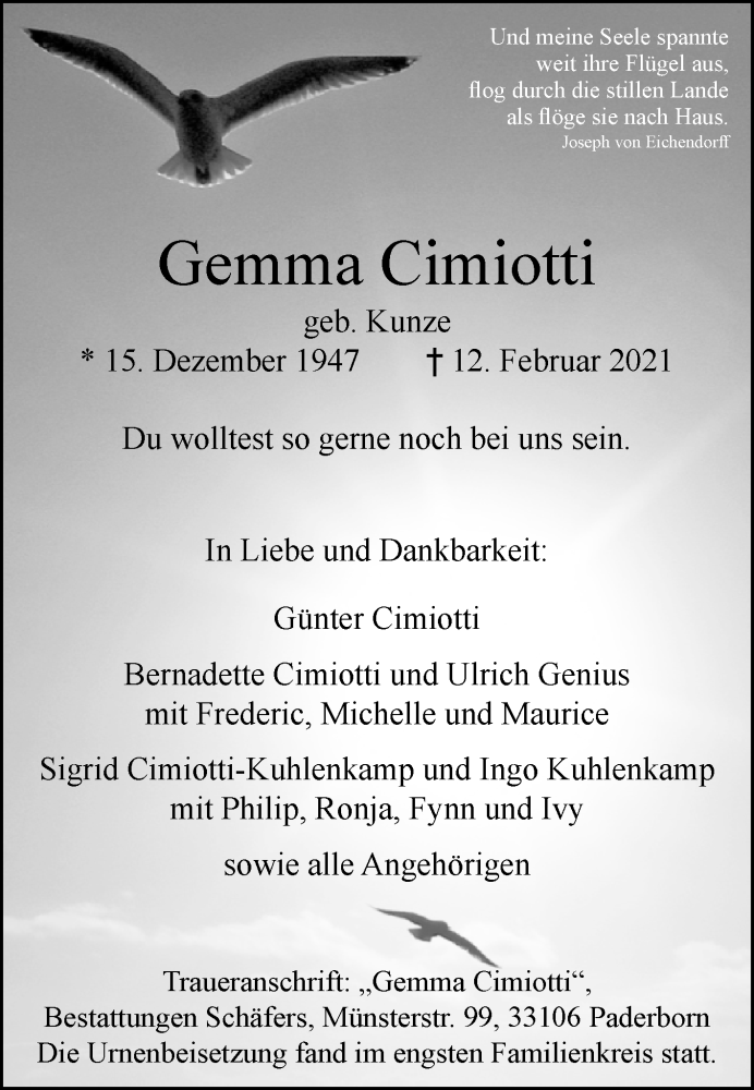  Traueranzeige für Gemma Cimiotti vom 06.03.2021 aus Westfalen-Blatt