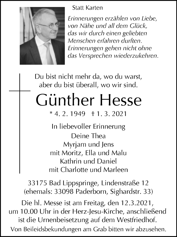  Traueranzeige für Günther Hesse vom 06.03.2021 aus Westfalen-Blatt