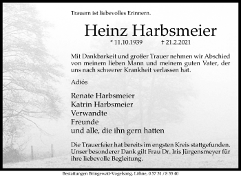 Traueranzeige von Heinz Harbsmeier von Westfalen-Blatt