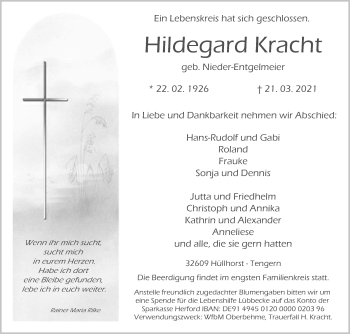 Traueranzeige von Hildegard Kracht von Westfalen-Blatt