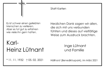 Traueranzeige von Karl-Heinz Lütnant von Westfalen-Blatt
