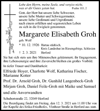 Traueranzeige von Margarete Elisabeth Groh von Westfalen-Blatt