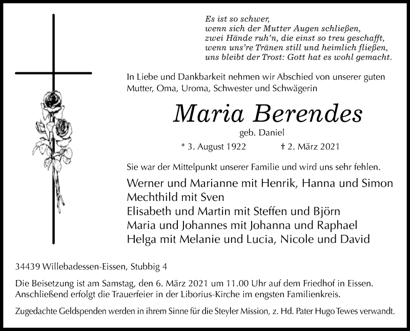  Traueranzeige für Maria Berendes vom 04.03.2021 aus Westfalen-Blatt