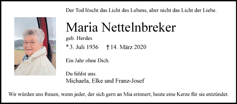  Traueranzeige für Maria Nettelnbreker vom 13.03.2021 aus Westfalen-Blatt