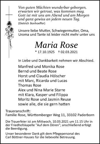 Traueranzeige von Maria Rose von Westfalen-Blatt