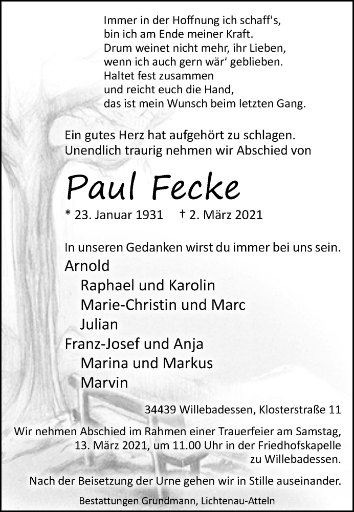  Traueranzeige für Paul Fecke vom 06.03.2021 aus Westfalen-Blatt