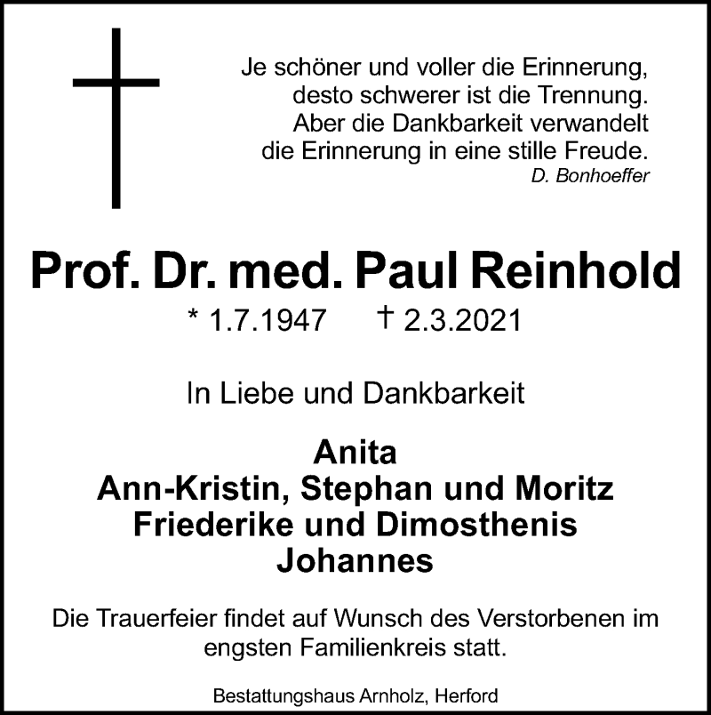 Traueranzeige für Paul Reinhold vom 06.03.2021 aus Westfalen-Blatt