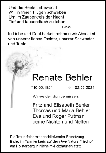 Traueranzeige von Renate Behler von Westfalen-Blatt