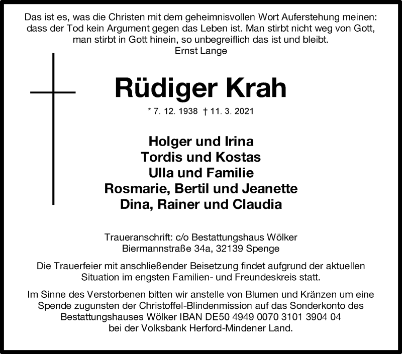  Traueranzeige für Rüdiger Krah vom 20.03.2021 aus Westfalen-Blatt