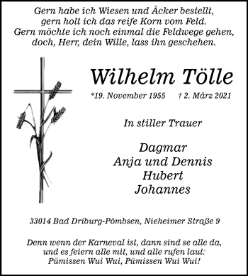 Traueranzeige von Wilhelm Tölle von Westfalen-Blatt