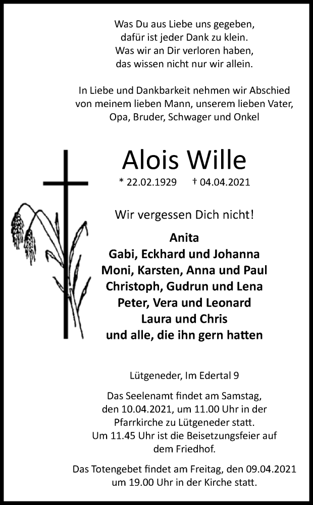  Traueranzeige für Alois Wille vom 07.04.2021 aus Westfalen-Blatt