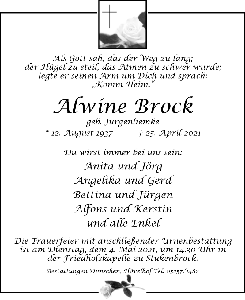  Traueranzeige für Alwine Brock vom 27.04.2021 aus Westfalen-Blatt