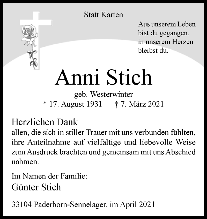  Traueranzeige für Anni Stich vom 17.04.2021 aus Westfalen-Blatt