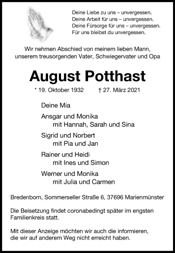Traueranzeige von August Potthast von Westfalen-Blatt