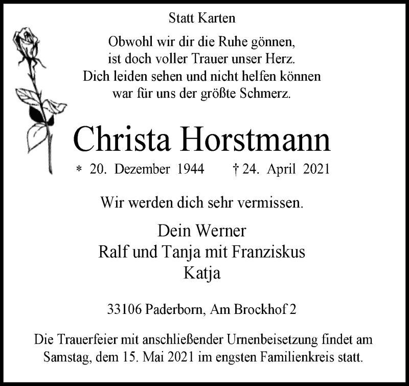  Traueranzeige für Christa Horstmann vom 29.04.2021 aus Westfalen-Blatt