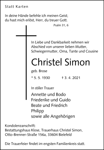 Traueranzeige von Christel Simon von Westfalen-Blatt