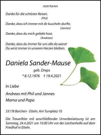 Traueranzeige von Daniela Sander-Mause von Westfalen-Blatt