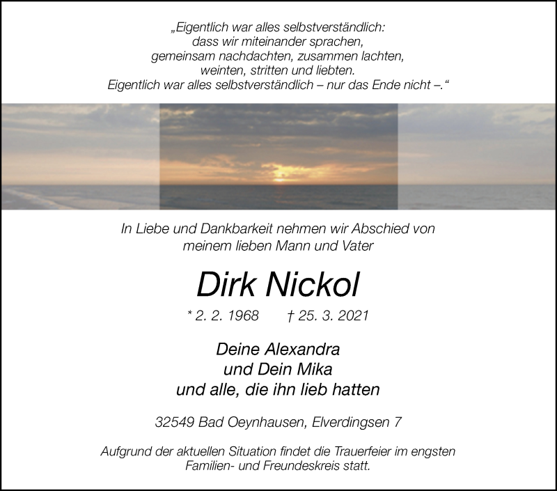  Traueranzeige für Dirk Nickol vom 02.04.2021 aus Westfalen-Blatt