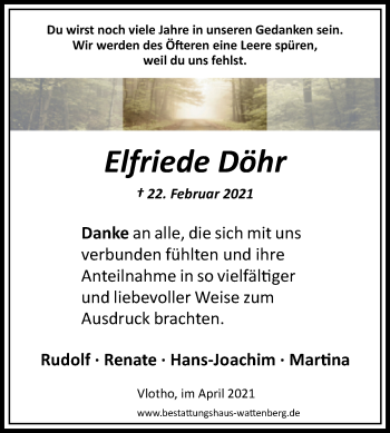 Traueranzeige von Elfriede Döhr von Westfalen-Blatt