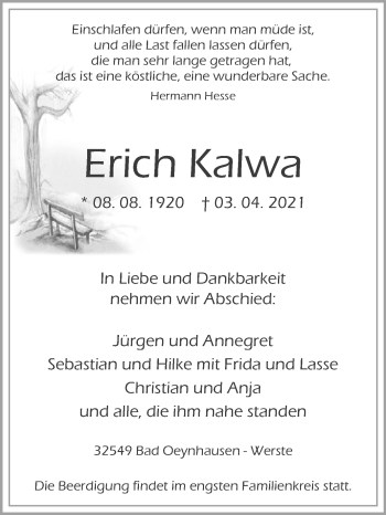 Traueranzeige von Erich Kalwa von Westfalen-Blatt