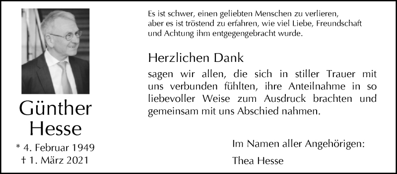  Traueranzeige für Günther Hesse vom 02.04.2021 aus Westfalen-Blatt