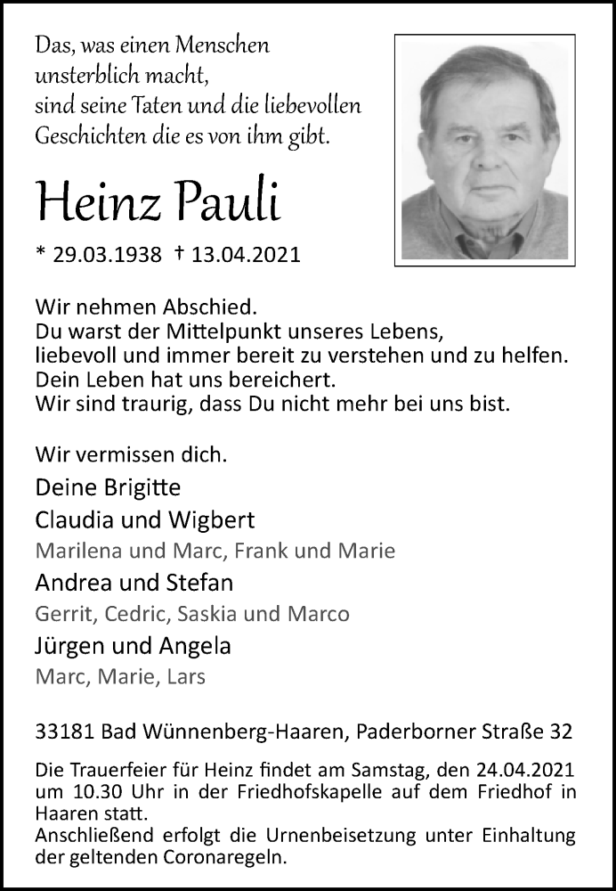  Traueranzeige für Heinz Pauli vom 17.04.2021 aus Westfalen-Blatt