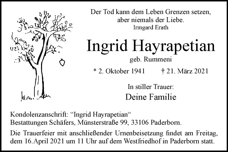  Traueranzeige für Ingrid Hayrapetian vom 10.04.2021 aus Westfalen-Blatt
