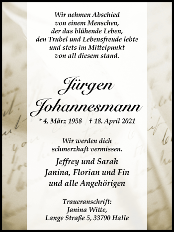 Traueranzeige von Jürgen Johannesmann von Westfalen-Blatt