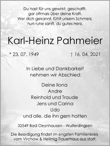 Traueranzeige von Karl-Heinz Pahmeier von Westfalen-Blatt