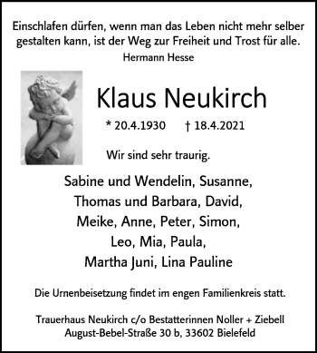 Traueranzeige von Klaus Neukirch von Westfalen-Blatt
