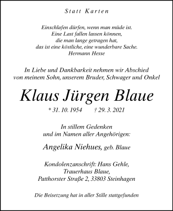 Traueranzeige von Klaus Jürgen Blaue von Westfalen-Blatt