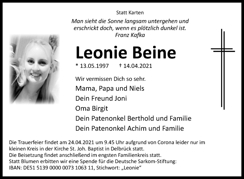  Traueranzeige für Leonie Beine vom 17.04.2021 aus Westfalen-Blatt