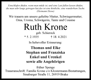 Traueranzeige von Ruth Krone von Westfalen-Blatt