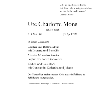 Traueranzeige von Ute Charlotte Mons von Westfalen-Blatt