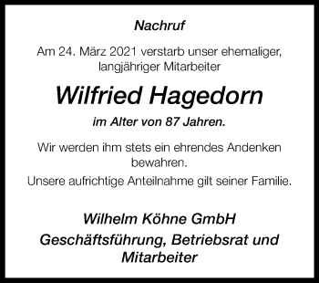 Traueranzeige von Wilfried Hagedorn von Westfalen-Blatt