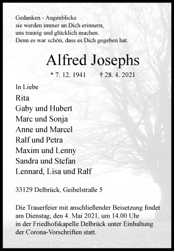 Traueranzeige von Alfred Josephs von Westfalen-Blatt