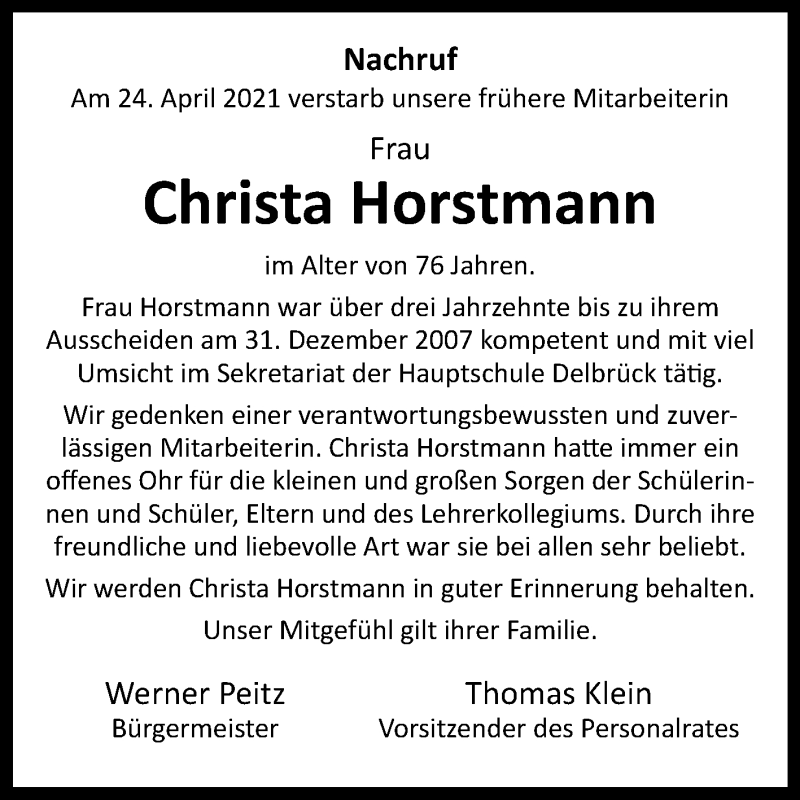  Traueranzeige für Christa Horstmann vom 01.05.2021 aus Westfalen-Blatt