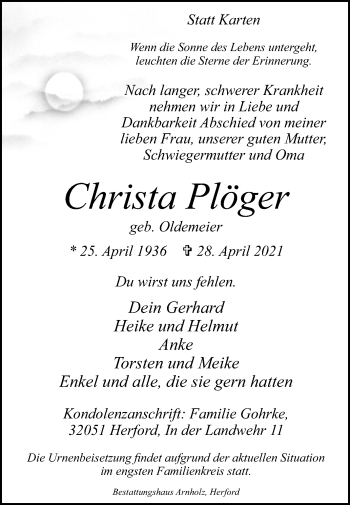 Traueranzeige von Christa Plöger von Westfalen-Blatt