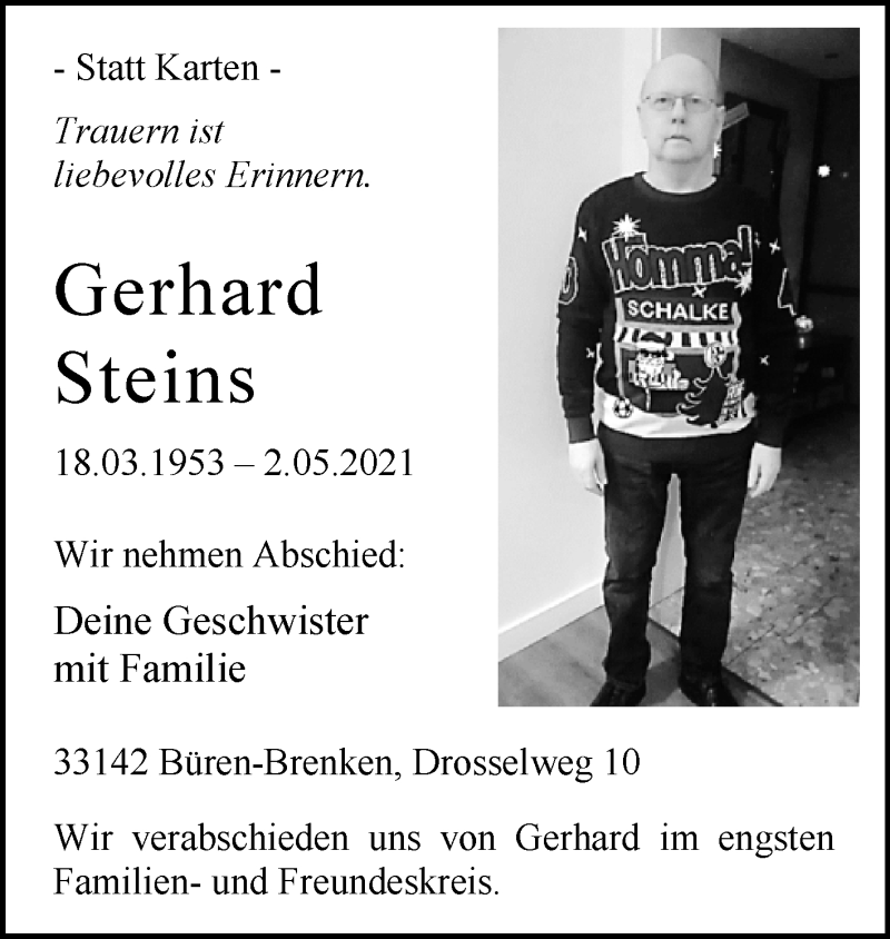  Traueranzeige für Gerhard Steins vom 08.05.2021 aus Westfalen-Blatt