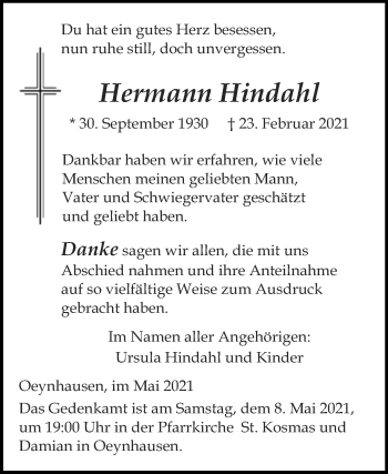 Traueranzeige von Hermann Hindahl von Westfalen-Blatt
