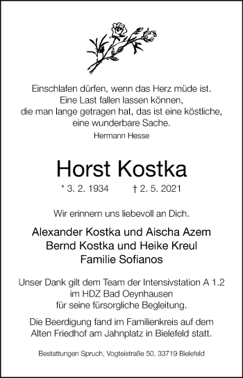 Traueranzeige von Horst Kostka von Westfalen-Blatt