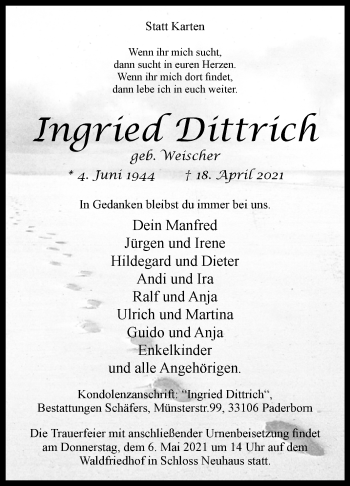 Traueranzeige von Ingried Dittrich von Westfalen-Blatt