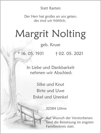 Traueranzeige von Margrit Nolting von Westfalen-Blatt