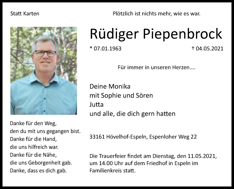  Traueranzeige für Rüdiger Piepenbrock vom 08.05.2021 aus Westfalen-Blatt